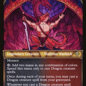 May include: A Magic: The Gathering card depicting Rivaz of the Claw, a red Viashino Warlock. The card has a stained-glass style background with a dragon. The card text includes "Menace" and other game instructions. The card is marked 3/3.