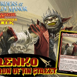 May include: Image of a Magic: The Gathering Commander Deck box set titled "Murders at Karlov Manor." The image features Krenko, Baron of Tin Street, a goblin character, and a card with the same name. The card is red with black text.