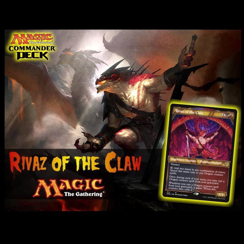May include: A Magic: The Gathering Commander Deck featuring "Rivaz of the Claw." The image shows a dragon-like creature with a sword, and a card with the same name. The card has a stained-glass style illustration of a female figure.