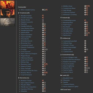May include: A digital deck list for a trading card game displayed on a dark grey background. The list is organised into categories including Commander, Creatures, Sorceries, Instants, Artifacts, Enchantments, and Lands, totalling 100 cards.