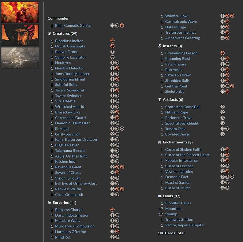 May include: A digital deck list for a trading card game displayed on a dark grey background. The list is organised into categories including Commander, Creatures, Sorceries, Instants, Artifacts, Enchantments, and Lands, totalling 100 cards.