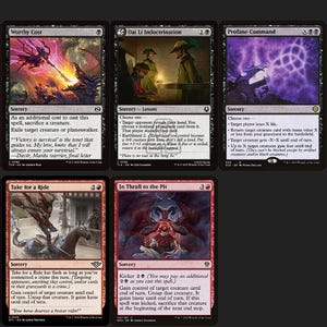 May include: A collection of eleven Magic: The Gathering trading cards arranged in two rows. The cards feature various fantasy illustrations, black and red borders, and printed text detailing game mechanics, card names, and flavour text for each.