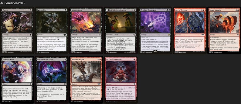 May include: A collection of eleven Magic: The Gathering trading cards arranged in two rows. The cards feature various fantasy illustrations, black and red borders, and printed text detailing game mechanics, card names, and flavour text for each.