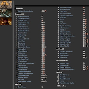 Może przedstawiać: Szczeg&oacute;łowa lista kart Magic: The Gathering, w tym stworzeń, zaklęć, artefakt&oacute;w i krain. Tekst jest uporządkowany według kategorii, z nazwami kart i powiązanymi kosztami many. Całkowita liczba kart to 100.