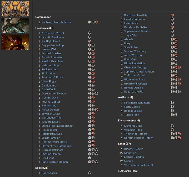 Może przedstawiać: Szczeg&oacute;łowa lista kart Magic: The Gathering, w tym stworzeń, zaklęć, artefakt&oacute;w i krain. Tekst jest uporządkowany według kategorii, z nazwami kart i powiązanymi kosztami many. Całkowita liczba kart to 100.