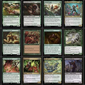 K&ouml;nnte beinhalten: Eine Sammlung von Magic: The Gathering Sammelkarten mit verschiedenen Fantasy-Kreaturen und Charakteren. Die Karten haben einzigartige Illustrationen und Textbeschreibungen, mit einer Farbpalette aus Gr&uuml;n, Braun und Gold.
