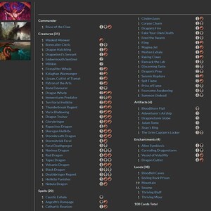 May include: A detailed list of 100 cards for a trading card game, featuring various creatures, spells, artifacts, enchantments, and lands. The text is in white on a dark background, with card names and associated costs.