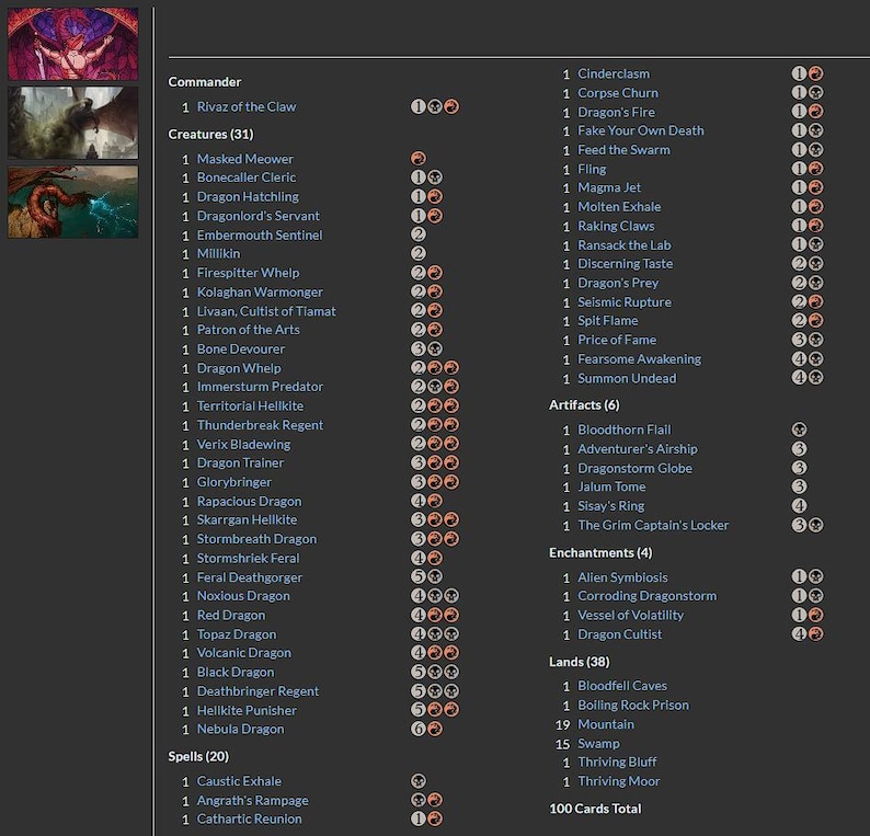 May include: A detailed list of 100 cards for a trading card game, featuring various creatures, spells, artifacts, enchantments, and lands. The text is in white on a dark background, with card names and associated costs.