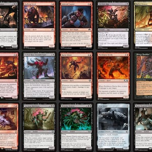 Może przedstawiać: Kolekcja kart kolekcjonerskich Magic: The Gathering przedstawiająca r&oacute;żne demony i stworzenia. Karty mają motyw dark fantasy z ilustracjami diabł&oacute;w, imp&oacute;w i innych potwornych postaci. Paleta kolor&oacute;w obejmuje czerwień, czerń i szarość.