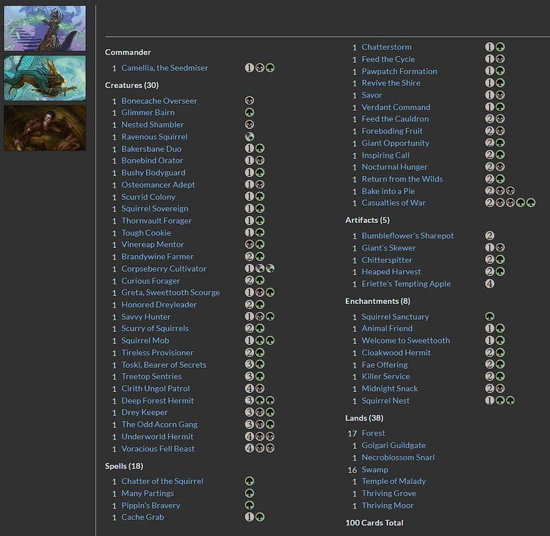 K&ouml;nnte beinhalten: Eine detaillierte Liste von 100 Karten f&uuml;r ein Commander-Deck, einschlie&szlig;lich Kreaturen, Zauberspr&uuml;chen, Artefakten, Verzauberungen und L&auml;ndern. Das Deck enth&auml;lt Karten wie "Camellia, the Seedmiser" und "Ravenous Squirrel". Der Text ist in Schwarz und Wei&szlig;.