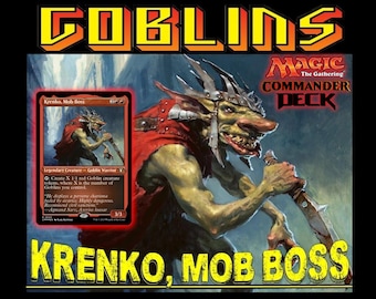May include: A Magic The Gathering Commander Deck featuring the Krenko, Mob Boss card. The artwork displays a green-skinned goblin warrior with a red cloak and a jagged blade. The text GOBLINS and KRENKO, MOB BOSS appears in yellow lettering.