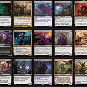 May include: A collection of seventeen Magic: The Gathering trading cards arranged in a grid. Each card features unique fantasy character illustrations, text blocks, and mana symbols in various colours including red, black, and gold borders.