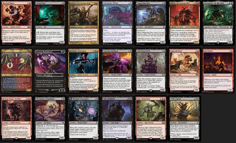 May include: A collection of seventeen Magic: The Gathering trading cards arranged in a grid. Each card features unique fantasy character illustrations, text blocks, and mana symbols in various colours including red, black, and gold borders.