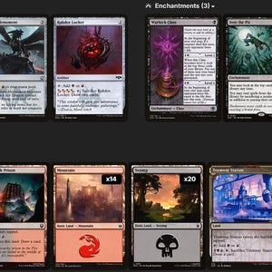May include: A collection of Magic: The Gathering trading cards arranged in rows, including artefacts like Vat of Rebirth, enchantments such as Warlock Class, and various land cards like Bloodfell Caves, Mountain, and Swamp with quantity indicators.