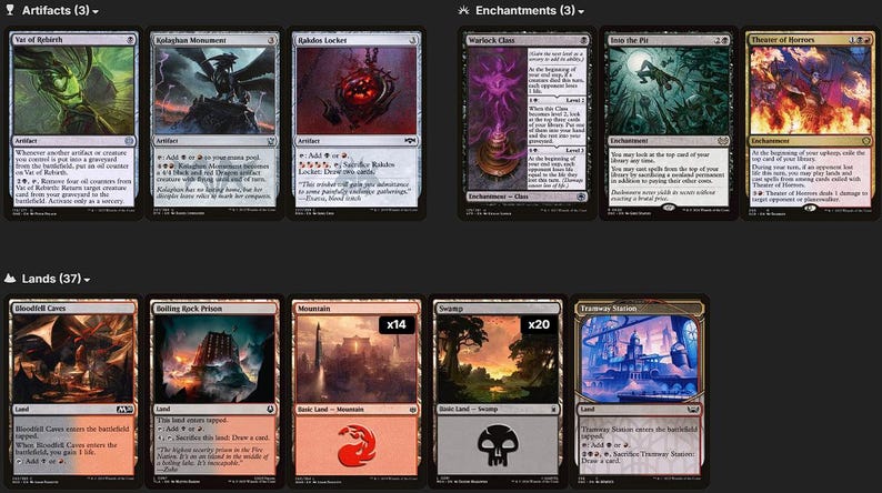 May include: A collection of Magic: The Gathering trading cards arranged in rows, including artefacts like Vat of Rebirth, enchantments such as Warlock Class, and various land cards like Bloodfell Caves, Mountain, and Swamp with quantity indicators.