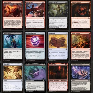 May include: A selection of Magic: The Gathering trading cards. The cards display fantasy artwork, such as dragons, spells, and artifacts. The colour scheme includes red, blue, black, and white, with detailed illustrations and text.