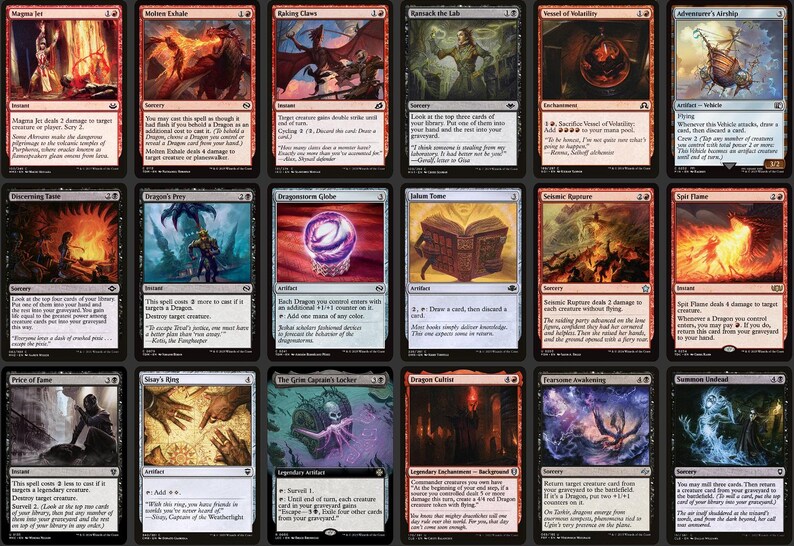 May include: A selection of Magic: The Gathering trading cards. The cards display fantasy artwork, such as dragons, spells, and artifacts. The colour scheme includes red, blue, black, and white, with detailed illustrations and text.