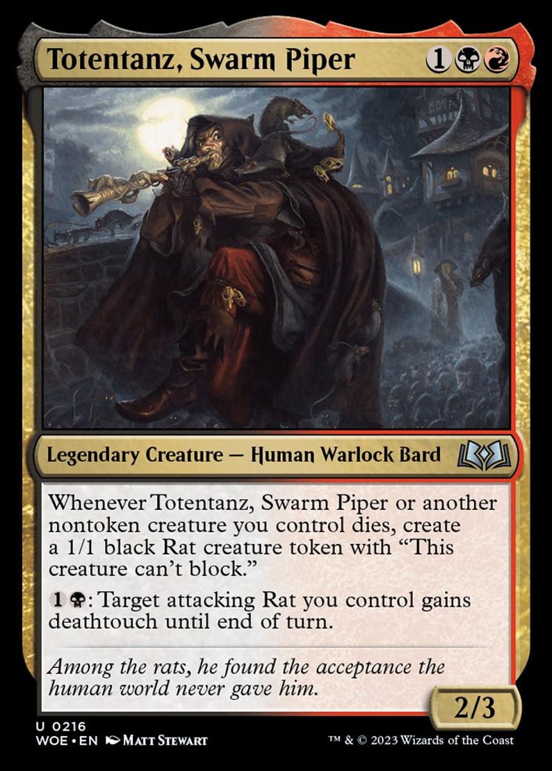 May include: A Magic: The Gathering trading card titled Totentanz, Swarm Piper, featuring a hooded figure playing a flute surrounded by rats. The card text includes the creature type Human Warlock Bard, power and toughness 2/3, and game rules.