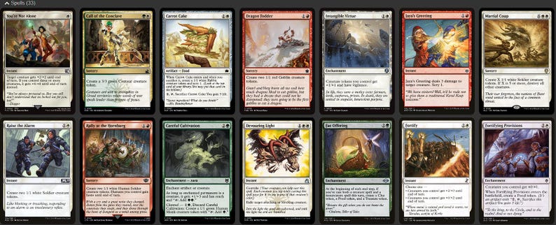 Pu&ograve; includere: Una collezione di dodici carte collezionabili di Magic: The Gathering. Ogni carta presenta opere d'arte e testo unici, con diverse combinazioni di colori e illustrazioni di creature e scene fantasy. Le carte sono esposte in una griglia.