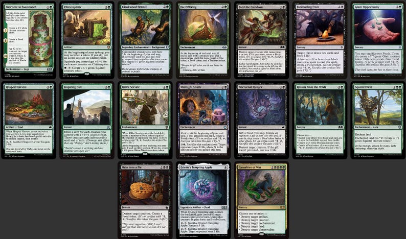 K&ouml;nnte beinhalten: Eine Sammlung von Magic: The Gathering Sammelkarten. Jede Karte zeigt einzigartige Kunstwerke und Texte mit verschiedenen Fantasy-Themen. Die Karten sind auf Englisch und haben ein gr&uuml;nes, schwarzes und wei&szlig;es Farbschema.