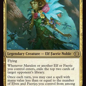 K&ouml;nnte beinhalten: Eine Magic: The Gathering Karte mit "Maralen, Fae Ascendant". Das Artwork zeigt eine Elfe mit Blumenschmuck und einem gr&uuml;nen Kleid. Die Karte hat einen goldenen Rand und Text, der ihre F&auml;higkeiten und Werte beschreibt.