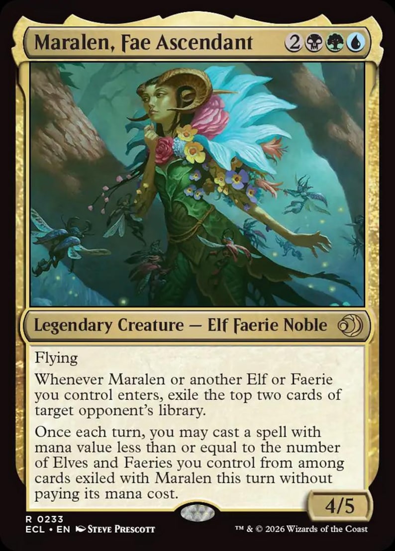 K&ouml;nnte beinhalten: Eine Magic: The Gathering Karte mit "Maralen, Fae Ascendant". Das Artwork zeigt eine Elfe mit Blumenschmuck und einem gr&uuml;nen Kleid. Die Karte hat einen goldenen Rand und Text, der ihre F&auml;higkeiten und Werte beschreibt.