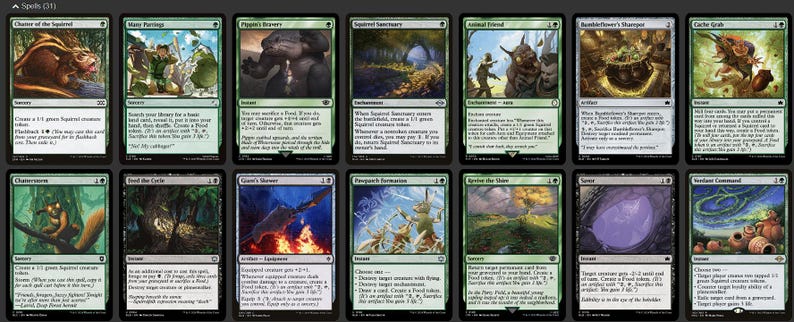 K&ouml;nnte beinhalten: Eine Sammlung von Magic: The Gathering Sammelkarten, die verschiedene gr&uuml;nfarbene Zauberkarten zeigt. Die Karten zeigen Fantasy-Kunstwerke, darunter Kreaturen, Landschaften und magische Effekte. Jede Karte hat Text, der ihre Funktion und Manakosten beschreibt.