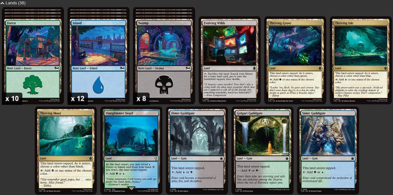 K&ouml;nnte beinhalten: Eine Sammlung von Magic: The Gathering Landkarten, darunter Wald, Insel und Sumpf, jeweils mit einzigartigen Illustrationen. Die Karten zeigen verschiedene Landschaften und Symbole, mit der Anzahl jedes Kartentyps.