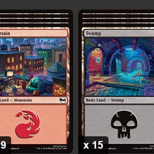 May include: A selection of Magic: The Gathering trading cards, showcasing different land cards. The cards have fantasy artwork and titles such as "Bloodfell Caves," "Boiling Rock Prison," "Mountain," "Swamp," "Thriving Isle," and "Thriving Moor."