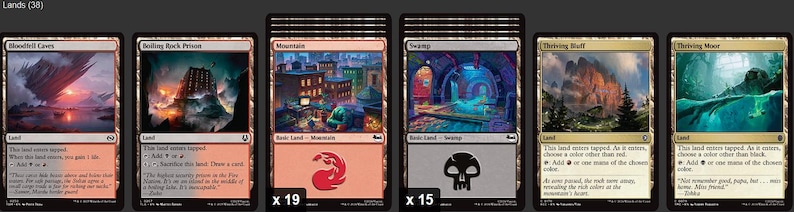 May include: A selection of Magic: The Gathering trading cards, showcasing different land cards. The cards have fantasy artwork and titles such as "Bloodfell Caves," "Boiling Rock Prison," "Mountain," "Swamp," "Thriving Isle," and "Thriving Moor."
