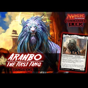 May include: Arahbo, the First Fang Commander Deck features a white and blue lion with a long mane. The card art shows the lion standing on a rocky landscape. The text on the card reads "Arahbo, the First Fang".
