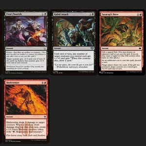 May include: A collection of ten Magic: The Gathering trading cards arranged in two rows. Each card features unique fantasy artwork, red and black borders, and detailed text blocks describing game mechanics, including titles like Collateral Damage, Lethal Scheme, and Skewerize.