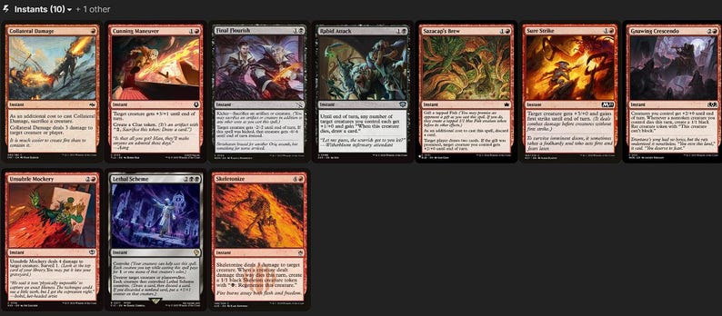 May include: A collection of ten Magic: The Gathering trading cards arranged in two rows. Each card features unique fantasy artwork, red and black borders, and detailed text blocks describing game mechanics, including titles like Collateral Damage, Lethal Scheme, and Skewerize.