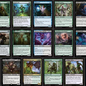 K&ouml;nnte beinhalten: Eine Sammlung von Magic: The Gathering Sammelkarten mit Fantasy-Kunst und Text. Die Karten sind auf Englisch und zeigen verschiedene Kreaturen, Zauberspr&uuml;che und F&auml;higkeiten. Die Karten sind in verschiedenen Farben, darunter Gr&uuml;n, Blau und Schwarz.