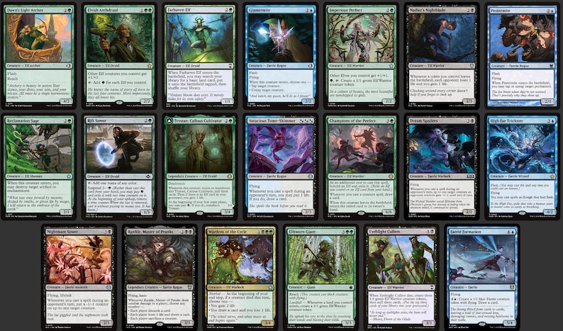 K&ouml;nnte beinhalten: Eine Sammlung von Magic: The Gathering Sammelkarten mit Fantasy-Kunst und Text. Die Karten sind auf Englisch und zeigen verschiedene Kreaturen, Zauberspr&uuml;che und F&auml;higkeiten. Die Karten sind in verschiedenen Farben, darunter Gr&uuml;n, Blau und Schwarz.