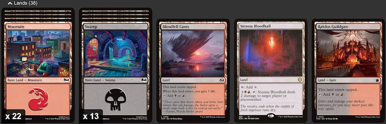 Może przedstawiać: Kolekcja kart ziemi Magic: The Gathering. Karty przedstawiają r&oacute;żne krajobrazy, w tym scenę g&oacute;rską, bagno i jaskinię. Karty są oznaczone odpowiednimi typami ziemi i zawierają liczbę każdej karty.