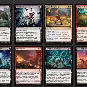 May include: A selection of Magic: The Gathering trading cards. The cards display fantasy artwork and text. The colour scheme includes black, red, blue, green, and gold. The cards are arranged in two rows of six.