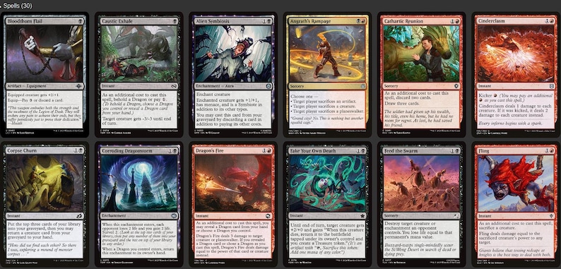 May include: A selection of Magic: The Gathering trading cards. The cards display fantasy artwork and text. The colour scheme includes black, red, blue, green, and gold. The cards are arranged in two rows of six.