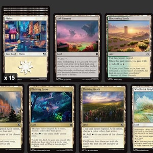 Pu&ograve; includere: Una collezione di carte terra di Magic: The Gathering. Le carte presentano vari paesaggi, tra cui montagne, foreste e paesaggi urbani. Le carte sono in inglese e hanno diversi simboli di mana e testo.