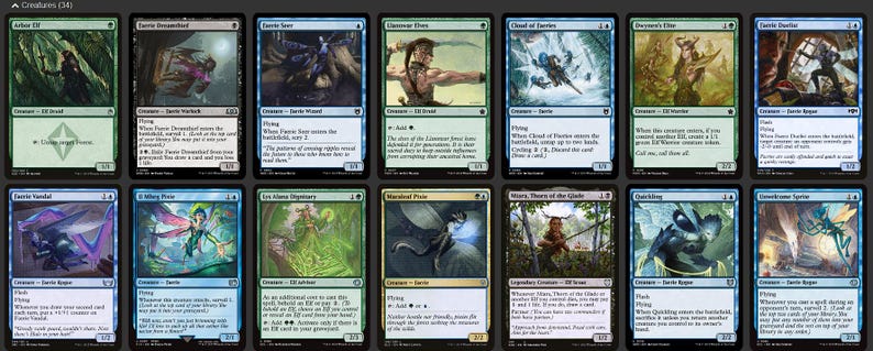 K&ouml;nnte beinhalten: Eine Sammlung von Magic: The Gathering Sammelkarten. Jede Karte zeigt Fantasy-Kunst und Text mit verschiedenen Kreaturen und Zauberspr&uuml;chen. Die Karten haben verschiedene Farben und Designs und pr&auml;sentieren eine Vielzahl von Charakteren und Umgebungen.