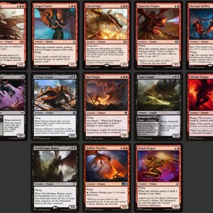 May include: Fifteen Magic: The Gathering trading cards are displayed, each showcasing a different dragon. The cards feature vibrant artwork of dragons in various poses and colours, with text detailing their abilities and stats.