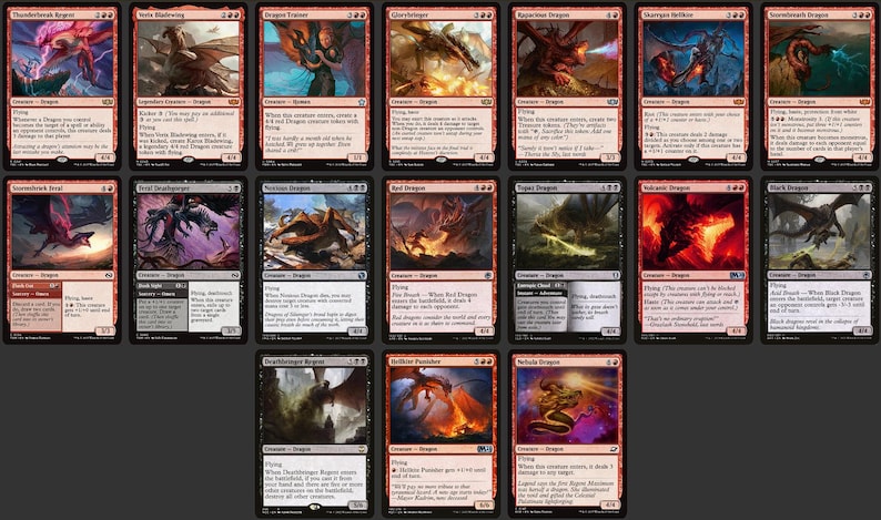 May include: Fifteen Magic: The Gathering trading cards are displayed, each showcasing a different dragon. The cards feature vibrant artwork of dragons in various poses and colours, with text detailing their abilities and stats.