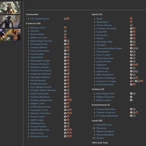 Może przedstawiać: Lista kart Magic: The Gathering, zawierająca dow&oacute;dcę, stworzenia, zaklęcia, artefakty, zaklęcia i krainy. Biały tekst na ciemnym tle, z nazwami kart i kosztami many.