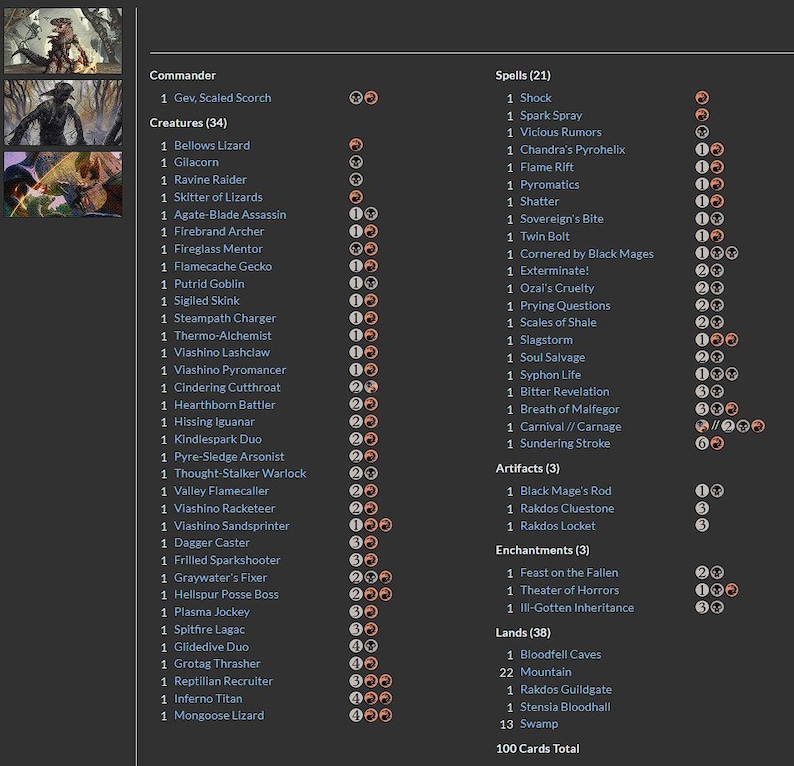 Może przedstawiać: Lista kart Magic: The Gathering, zawierająca dow&oacute;dcę, stworzenia, zaklęcia, artefakty, zaklęcia i krainy. Biały tekst na ciemnym tle, z nazwami kart i kosztami many.
