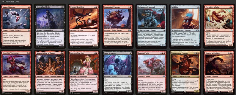 May include: A selection of Magic: The Gathering trading cards, showcasing diverse creatures and spells. The cards feature vibrant illustrations of dragons, warriors, and fantasy settings, with text providing game rules and card titles.