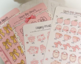 May include: Pink planner stickers with various designs, including bows, apples, hats, coffee cups, and alarm clocks. The stickers have text that says "Save the Bows" and "Happy Mail". The stickers are arranged on a white surface.
