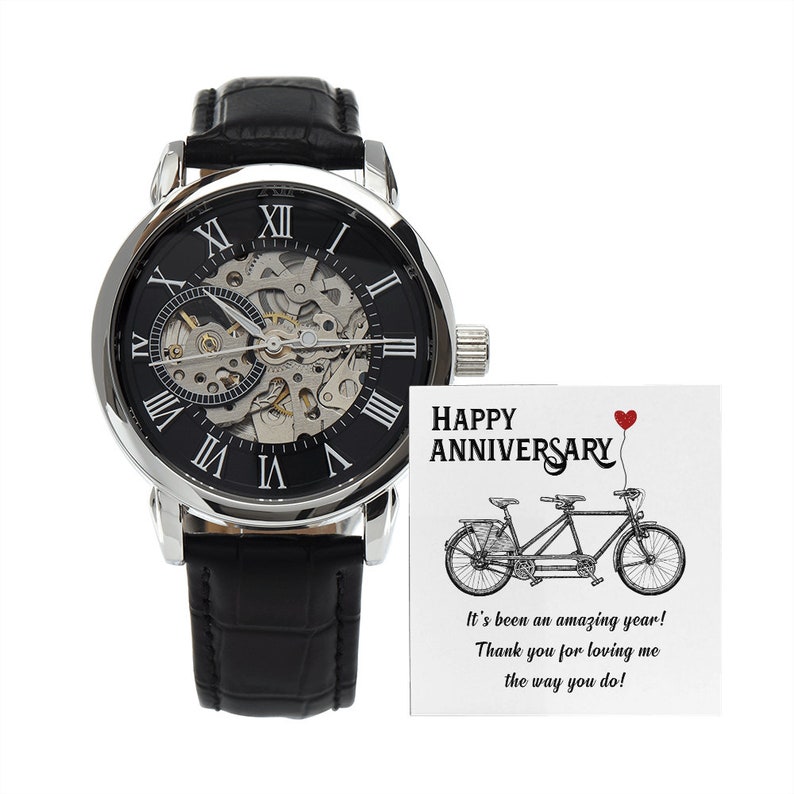 mechanical black skeleton watch black leather band mens water resistant black cool watch gift dial happy anniversary card custom genuine leather band expensive red mahogany box
