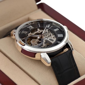 mechanical black skeleton watch black leather band mens water resistant black cool watch gift dial happy anniversary custom genuine leather band expensive red mahogany box