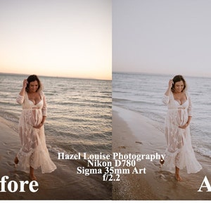 May include: A woman in a white lace dress walks along a sandy beach with the ocean in the background. The photo is split into two sections, "Before" and "After", showing the difference in the image after editing. The text "Hazel Louise Photography, Nikon D780, Sigma 35mm Art f/2.2" is displayed below the image.