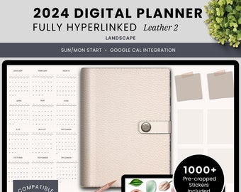 Digital Planner with Google Calendar Integration, iPad, Android - Daily, Weekly, Monthly Journal with 1000+ Digital Stickers Leather 2